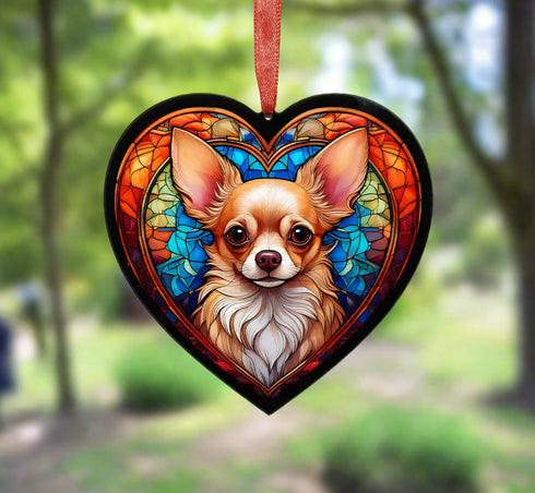 Chihuahua Fawn Stained Glass Effect Heart Suncatcher